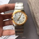 Perfect Replica Omega Constellation Yellow Gold Bezel Silver Diamond Dial Couple Watch